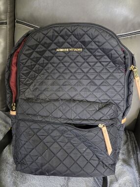 Adrienne Vittadini Black Quilted Backpack with Tan Pulls and Burgundy Lining